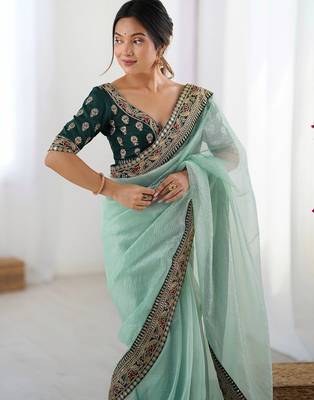 Women's shimmer net traditional motiff embroidered saree with blouse piece 2
