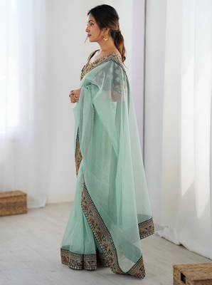 Women's shimmer net traditional motiff embroidered saree with blouse piece 3