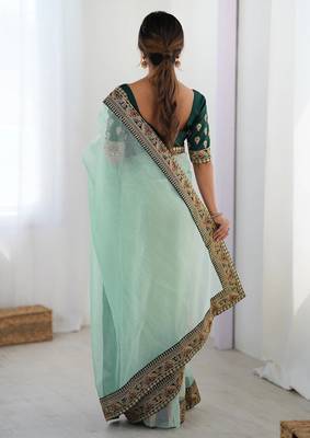 Women's shimmer net traditional motiff embroidered saree with blouse piece 4
