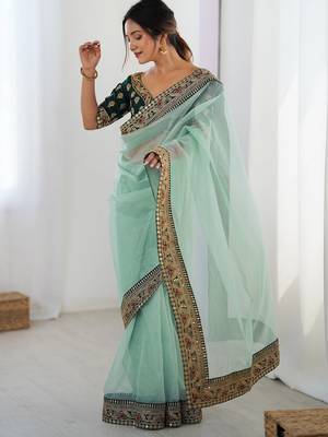 Women's shimmer net traditional motiff embroidered saree with blouse piece 5