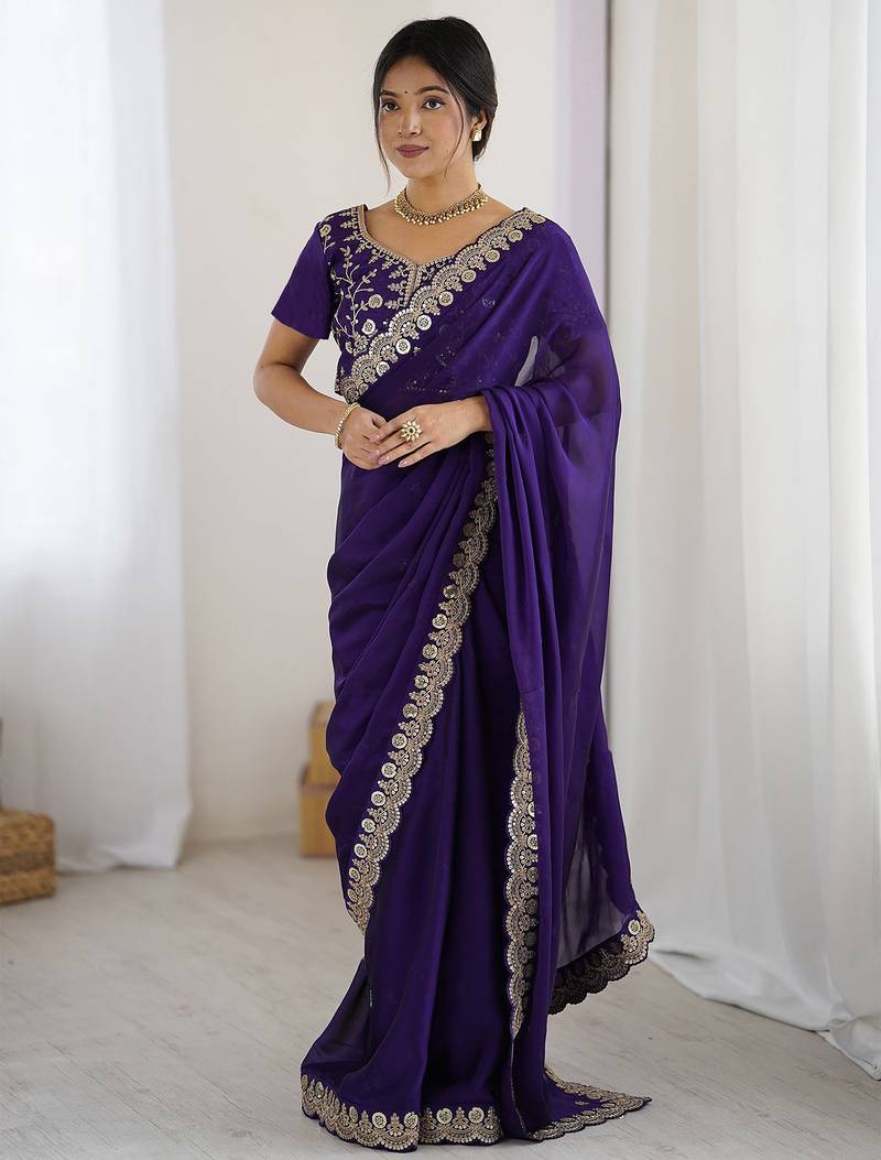 Women's rangoli silk sequins embroidered saree with blouse piece