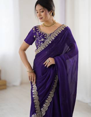 Women's rangoli silk sequins embroidered saree with blouse piece 2