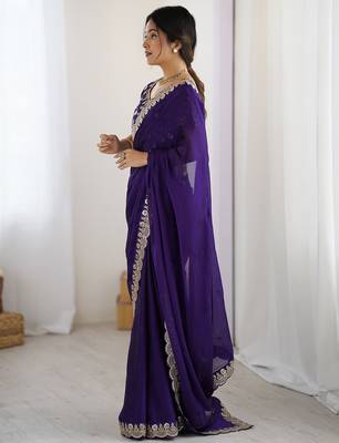 Women's rangoli silk sequins embroidered saree with blouse piece 3