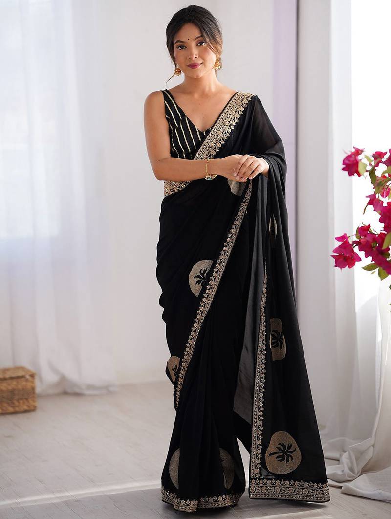 Women's rangoli silk ethnic motiff embroidered saree with blouse piece