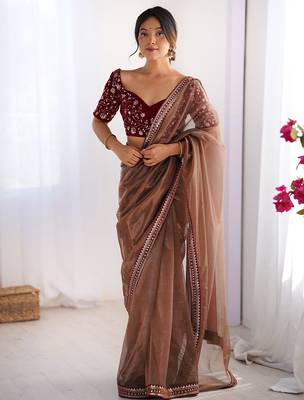 Women's shimmer net sequins embroidered saree with velvet blouse piece 1