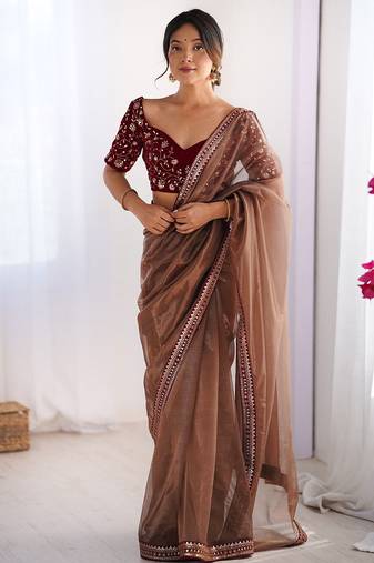 Women's shimmer net sequins embroidered saree with velvet blouse piece