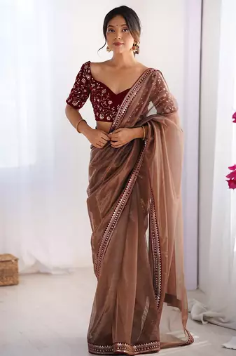 Women's shimmer net sequins embroidered saree with velvet blouse piece