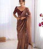 Women's shimmer net sequins embroidered saree with velvet blouse piece