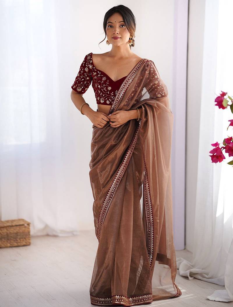 Women's shimmer net sequins embroidered saree with velvet blouse piece