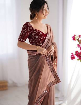 Women's shimmer net sequins embroidered saree with velvet blouse piece 2