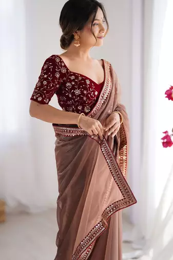 Women's shimmer net sequins embroidered saree with velvet blouse piece