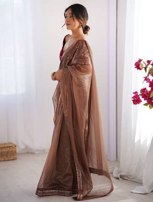 Women's shimmer net sequins embroidered saree with velvet blouse piece 3