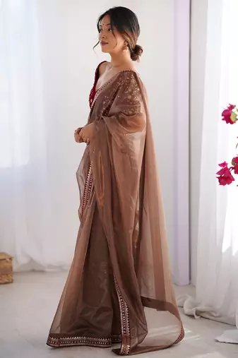 Women's shimmer net sequins embroidered saree with velvet blouse piece
