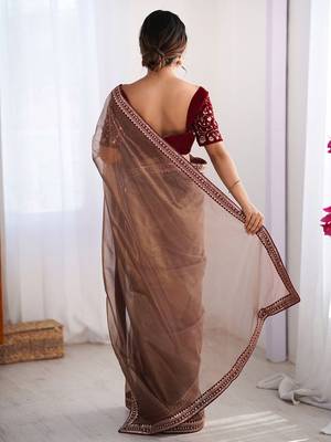 Women's shimmer net sequins embroidered saree with velvet blouse piece 4