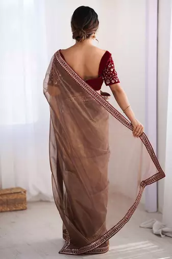 Women's shimmer net sequins embroidered saree with velvet blouse piece