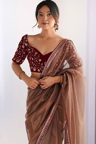Women's shimmer net sequins embroidered saree with velvet blouse piece