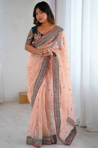 Women's shimmer net sequins embroidered saree with velvet blouse piece