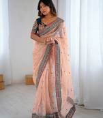 Women's shimmer net sequins embroidered saree with velvet blouse piece