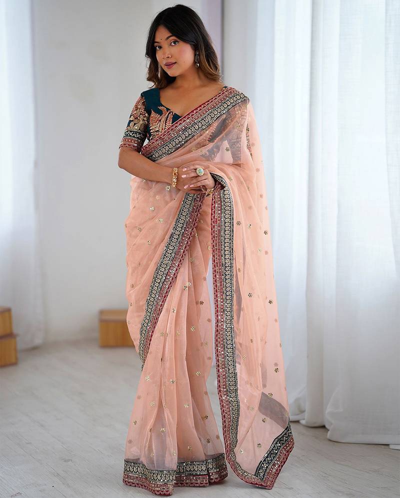 Women's shimmer net sequins embroidered saree with velvet blouse piece