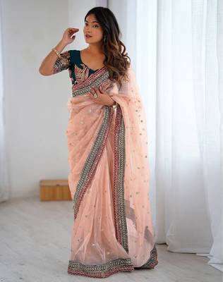 Women's shimmer net sequins embroidered saree with velvet blouse piece 2