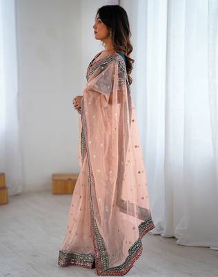 Women's shimmer net sequins embroidered saree with velvet blouse piece 3