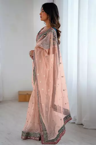 Women's shimmer net sequins embroidered saree with velvet blouse piece