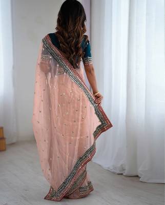 Women's shimmer net sequins embroidered saree with velvet blouse piece 4