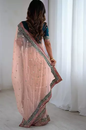 Women's shimmer net sequins embroidered saree with velvet blouse piece