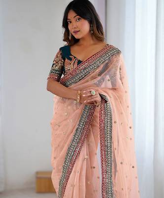 Women's shimmer net sequins embroidered saree with velvet blouse piece 5