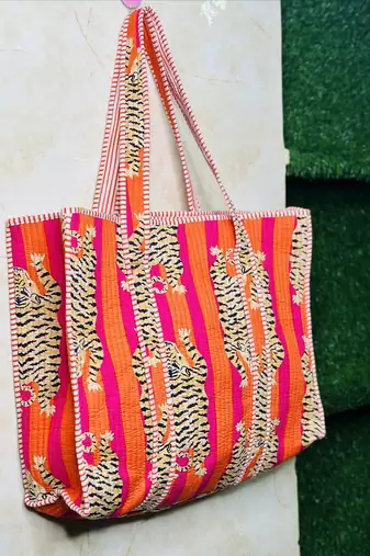 Tiger Print Tote Bag Indian Cotton Quilted Handbag Shopping Carry Bag Hand Bags