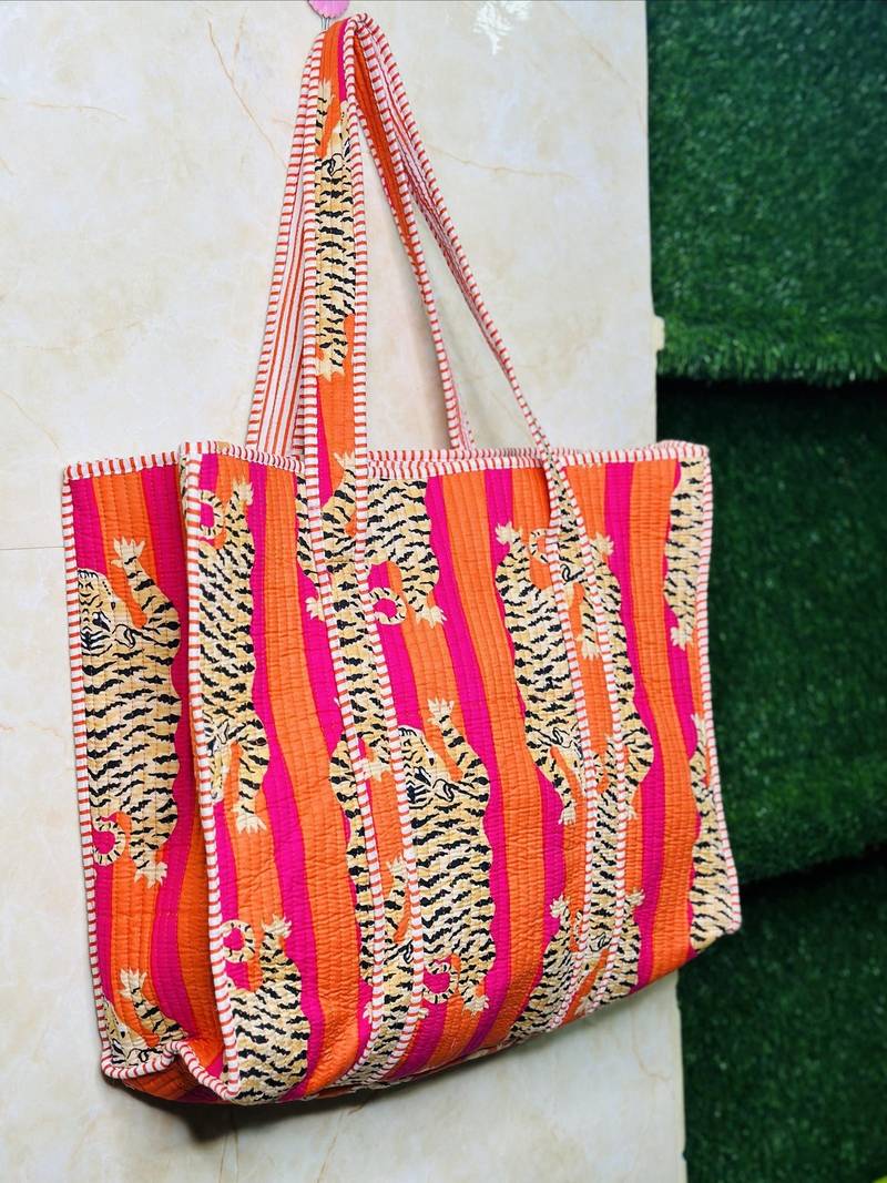 Tiger Print Tote Bag Indian Cotton Quilted Handbag Shopping Carry Bag Hand Bags