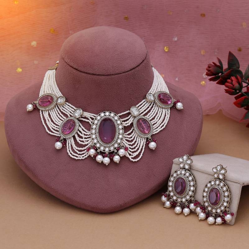 Magenta color kundan necklace set