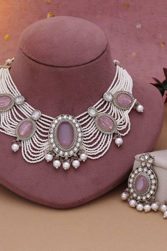 Pink color kundan necklace set