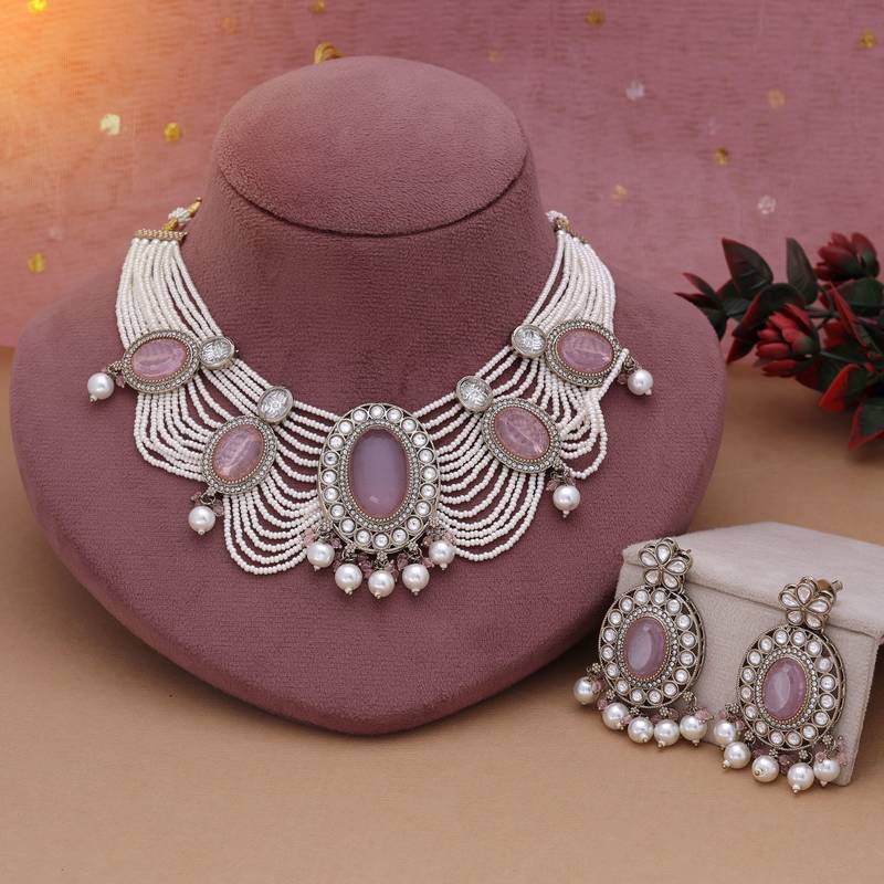 Pink color kundan necklace set