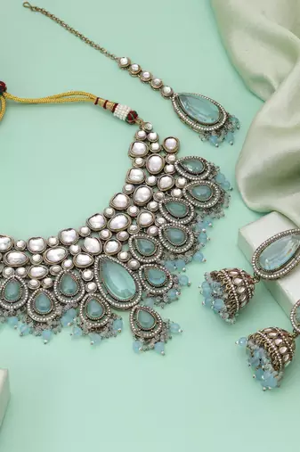 Sky blue color kundan necklace set