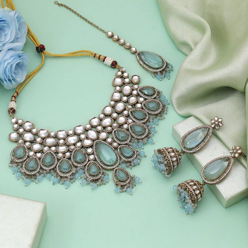 Sky blue color kundan necklace set