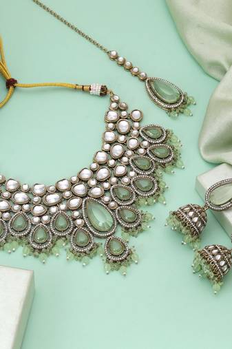 Pista green color kundan necklace set