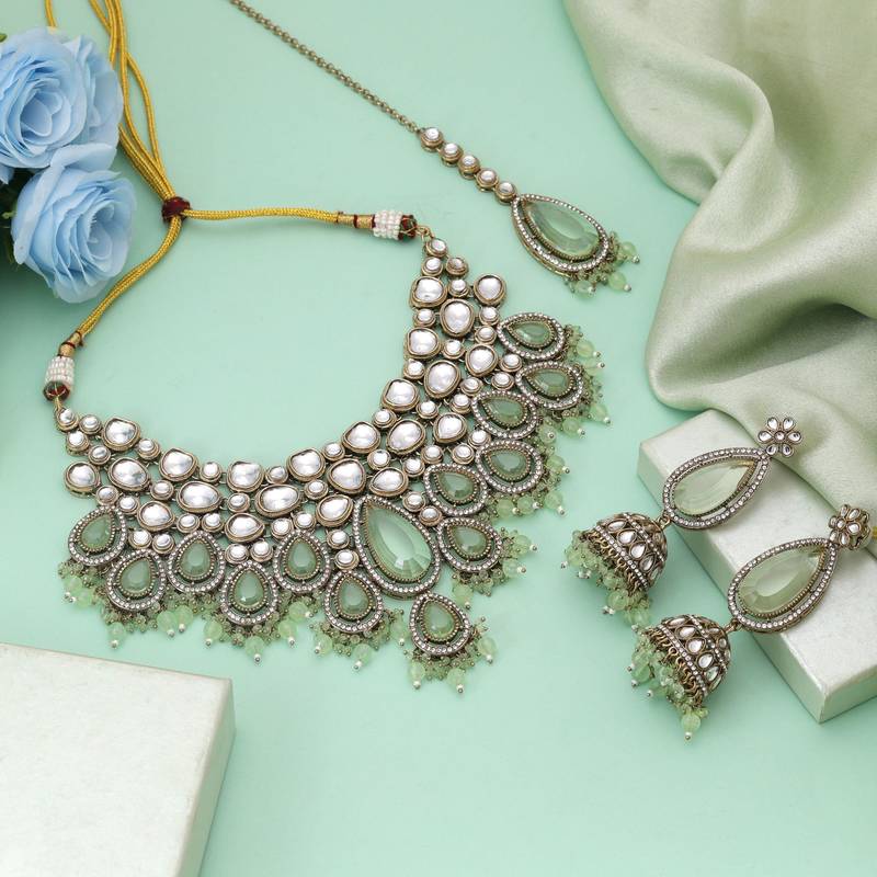 Pista green color kundan necklace set