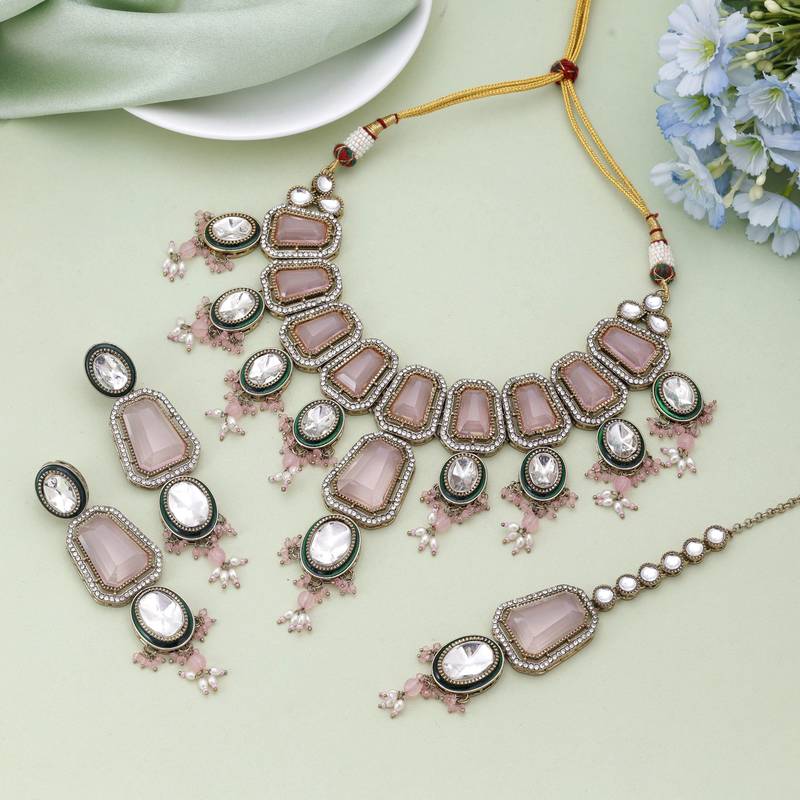 Pink color kundan necklace set