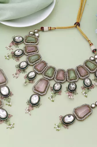 Pink & pista green color kundan necklace set