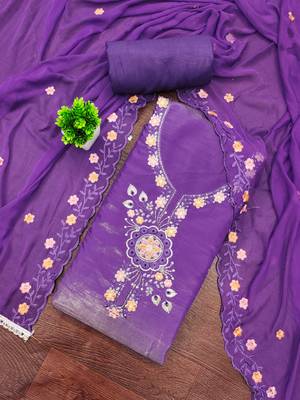 Purple viscose embroidered unstitched dress material 1