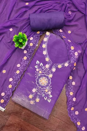 Purple viscose embroidered unstitched dress material