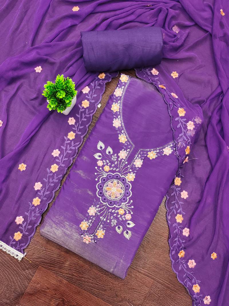 Purple viscose embroidered unstitched dress material