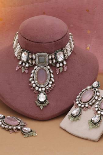 Pink & pista green color choker kundan necklace set
