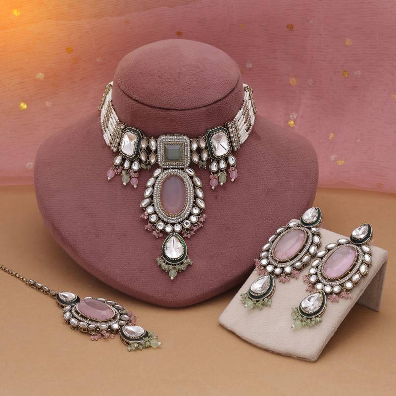 Pink & pista green color choker kundan necklace set