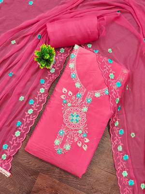 Pink viscose embroidered unstitched dress material 1