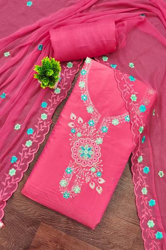 Pink viscose embroidered unstitched dress material