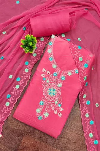 Pink viscose embroidered unstitched dress material