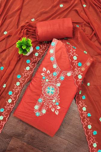 Rust viscose embroidered unstitched dress material