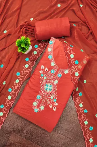 Rust viscose embroidered unstitched dress material